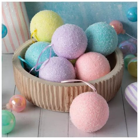 Pastel Flocked Ball Ornament Set | Hobby Lobby | 6052856 Pastel Christmas Crafts, Kids Christmas Tree Ornaments, Foam Ornaments, Sugarplum Christmas, Candy Props, Pastel Christmas Decor, Nutcracker Christmas Tree, Pastel Wall Decor, Diy Christmas Candy