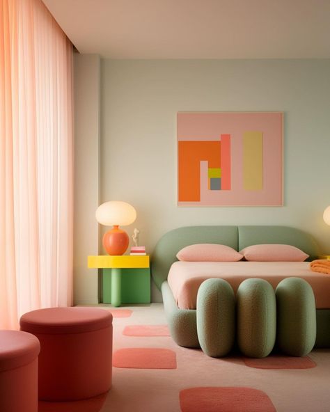 Pinterest • Instagram Post Modern Art Deco Interior Design, Pink Wall Interior Design, Post Modernism Interior, Modern Colorful House Interior, Modern 90s Interior Design, Room Decor Bedroom Colorful, Gustafson Westman, Memphis Design Bedroom, Post Modernism Interior Design