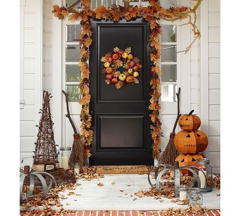 A fall porch with Halloween accents, and red, brown leaves. Front Porch Halloween Ideas, Front Porch Halloween, Porch Halloween, Maple Leaf Wreath, Hallowen Ideas, Autumn Wreaths For Front Door, Fall Planters, Harvest Wreath, Door Wreaths Fall