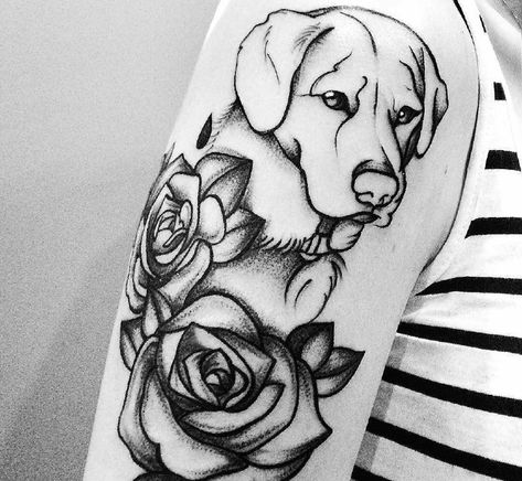 Puppy Tattoo Ideas, Labrador Tattoo Ideas, Labrador Tattoo, Dog Outline Tattoo, Dog Line Art Tattoo, Puppy Tattoo, Line Art Tattoo, No Regrets Tattoo, Arm Tats