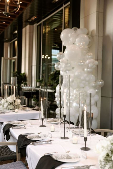 Balloon Arch, Tablescape ideas, Place setting ideas, Dinner Party decor, dinner party inspiration, all white dinner party, classic decor, Fancy Dinner Decor For Rehearsal Dinner, All White Dinner Party, Pearl Themed Party, White Dinner Party, Rehearsal Dinner Inspiration, Place Setting Ideas, Balloon Arch Wedding, Wedding Rehearsal Dinner Decorations, Dinner Party Decor