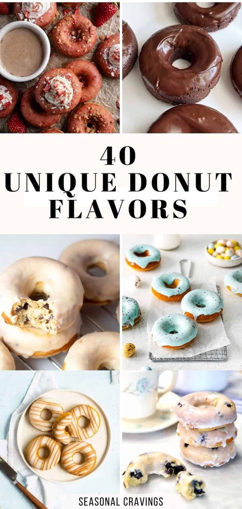 40 Unique Donut Flavors Bakery Doughnut Recipe, Unique Pastry Ideas, Donuts From Scratch, Baking Recipes Donut, Baked Donut Flavors, Doughnut Flavors, Trending Bakery Items, Homemade Cake Donuts Recipe, Cake Donut Flavors