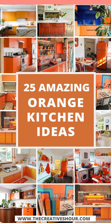 25 Playful And Vibrant Orange Kitchen Ideas You Will Love Orange Backsplash Kitchen, Orange Kitchen Ideas, Orange Kitchen Walls, Kitchen Cabinets Orange, Orange Kitchen Designs, 1970 Kitchen, Orange Cabinets, Feng Shui Kitchen, Orange Kitchen Decor