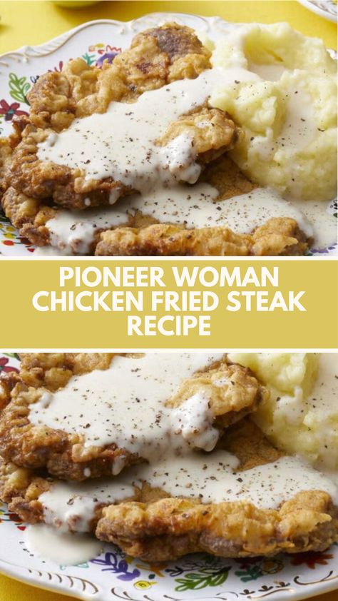 This delicious chicken fried steak is a quick, comforting meal perfect for dinner. It’s crispy on the outside and juicy on the inside, topped with rich gravy. You can easily make it with common pantry ingredients like flour, eggs, and milk. Serve it with mashed potatoes for a classic Southern dish everyone will love! Ree Drummond Chicken Fried Steak, Dinners Everyone Will Love, Chicken Fried Steak And Gravy Recipe, Pioneer Woman Country Fried Steak, Pioneer Woman Country Gravy, Country Chicken Fried Steak, Recipe For Chicken Fried Steak, Chicken Fried Steak No Buttermilk, Pioneer Woman Cube Steak