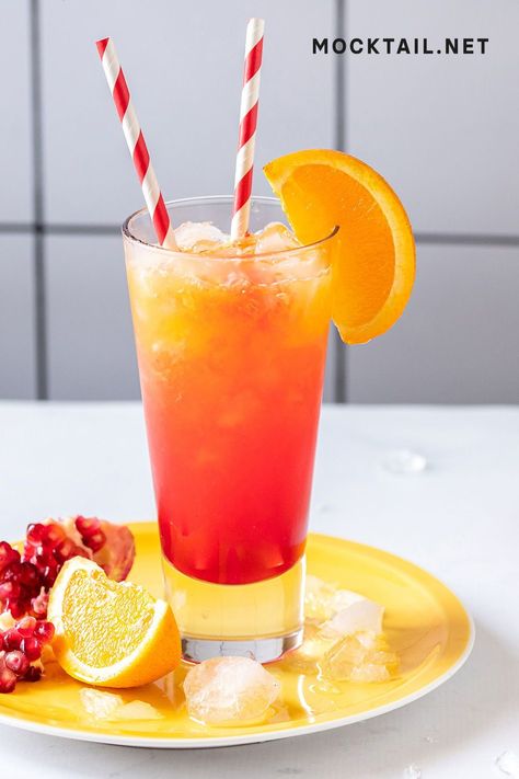 Beautiful to look at and refreshing to drink, Summer Sunrise Mocktail is an easy fereshing virgin cocktail that's full of summertime flavors. The best drink recipe that captures the sunrise in a glass! To make a summer sunrise mocktail, all you need is fresh orange juice, grenadine syrup and ice. It's a delicious and refreshing treat for summertime gatherings. #tequilasunrise #cocktail #mocktail #recipe #drink #easy #grenadine #juice #mocktails Grenadine Mocktail Recipe, Sunrise Mocktail Recipe, Simple Syrup Mocktail, Orange Mocktails Non Alcoholic, Sweet Sunrise Mocktail, Refreshers Recipes, Brunch Drinks Alcoholic, Mimosa Ideas, Mocktails Orange Juice