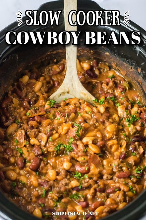 Image of slow cooker cowboy beans in a slow cooker with a wooden spoon. Slow And Easy Cowboy Perfection, Crockpot Recipes With Beans, West Bend Slow Cooker Recipes, Cowboy Beans Crockpot, Crockpot Cowboy Beans, Slow Cooker Cowboy Beans, Crock Pot Beans, Cowboy Beans Recipe, Crockpot Beans