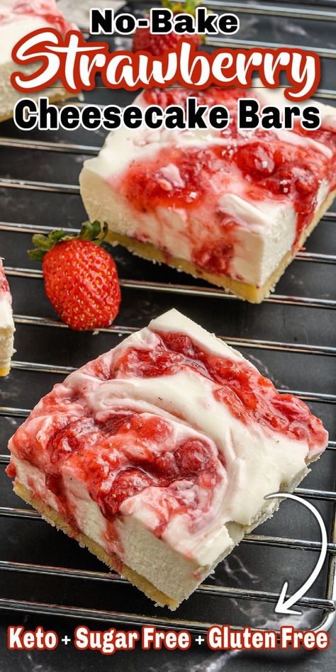 Sugar Free Strawberry Cheesecake, No Bake Strawberry Cheesecake, Sugar Free Desserts Easy, Strawberry Cheesecake Bars, Low Sugar Desserts, Sugar Free Cheesecake, Sugar Free Baking, Easy Gluten Free Desserts, Sugar Free Recipes Desserts