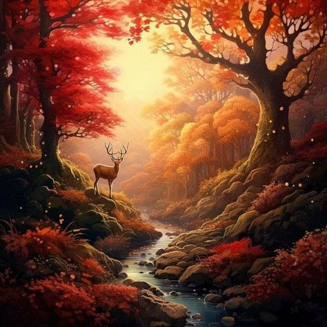 Autumn Scenery Painting Easy, Draw Autumn Ideas, Autumn Images Nature, Autumn Fantasy Art, Autumn Potpourri, Fall Landscape Art, Tree Energy, River Paintings, Autumn Drawing