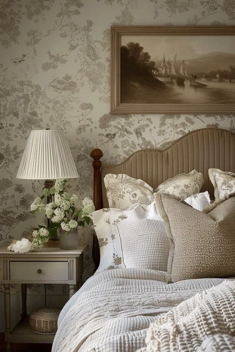 Antique French Bedroom Furniture, French Bedroom Ideas Vintage, Traditional Classic Bedroom, Neutral Cottage Core Bedroom, English Manor Bedroom Aesthetic, Bedroom Inspirations Cottage, Neutral Country Bedroom, New England Bedroom Decor, Cottage Core Master Bed