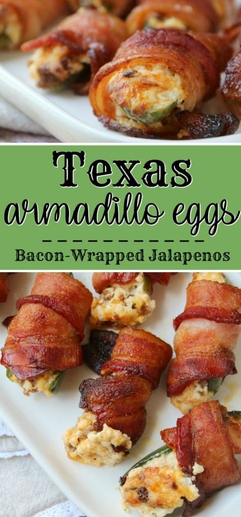 Bacon-Wrapped Texas Armadillo Eggs (Stuffed Jalapenos) - Sensibly Sara Texas Armadillo Eggs Recipe, Bacon Wrapped Armadillo Eggs, Texas Armadillo Eggs, Armadillo Eggs Oven, Smoked Armadillo Eggs, Yellowstone Party Food, Texas Recipes Authentic, Texas Food Recipes, Jalapenos Recipes