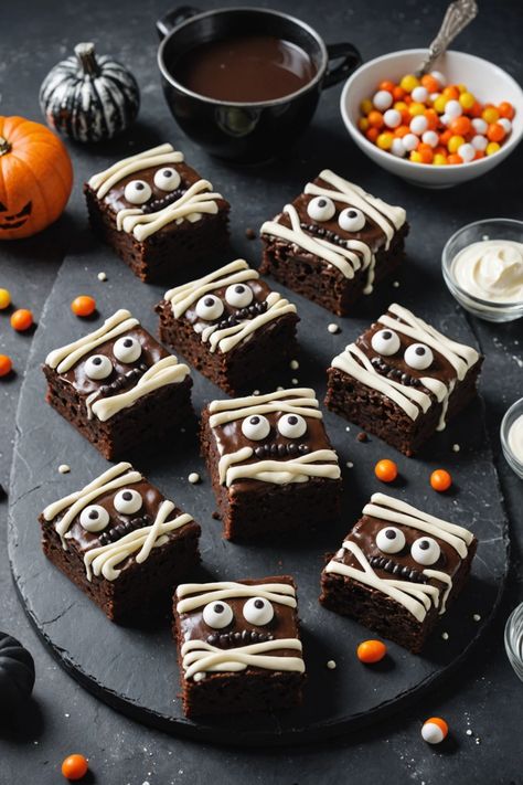 A photo of a  Mummy Brownies which is a type of Halloween Brownies Spooky Themed Desserts, Halloween Food Ideas Dessert, Brownie Bites Halloween Treats, Cute Halloween Food For Party, Spooky Treats For Halloween Party Easy, Hocus Pocus Snacks For Party, Easy Halloween Sweet Treats, Halloween Themed Brownies, Halloween Dessert Decorations