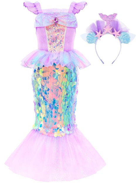 PRICES MAY VARY. Mermaid Princess Dress: Ruffled little short sleeve with zipper design, fins like waist, sequin skirt, Organza ruffles on waist, Ankle length wide mesh fishtail hem; Such stunning princess dress up can make any little beauty feel like a true princess. A Adorable Mermaid Costume: hand-sewn dazzling sequins embellish the bodice of the top and the entire skirt, making your little princess dazzle in the crowd and get lots of compliments. CHILD SAFE: Comfortable soft fabric of cotton Birthday Outfit Purple, Purple Princess Dress, Little Mermaid Dress, Kira Nerys, Princess Ariel Dress, Princess Costumes For Girls, Skirt Organza, Mermaid Costume Diy, Sequin Costume