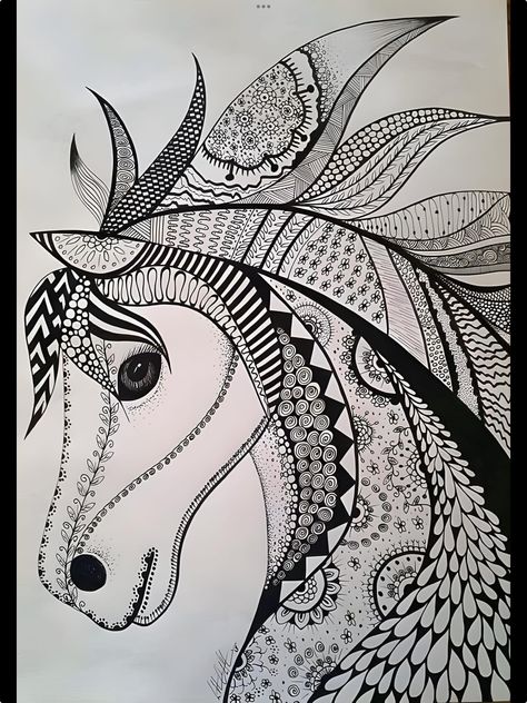 Horse Mandala Art, Zentangle Horse, Mandala Horse, Zentangle Animals Art, Horse Doodle, Animal Mandala, Zentangle Animals, Doddle Art, Abstract Pencil Drawings