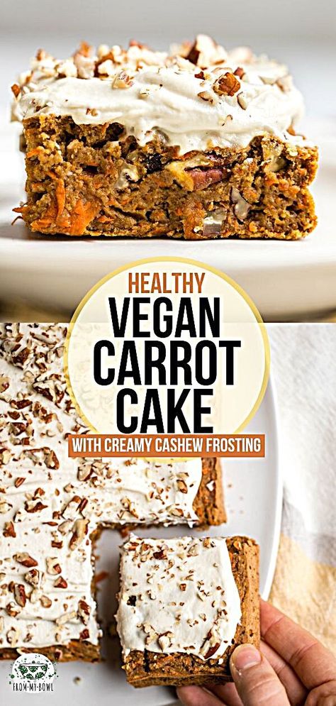 This yummy Carrot Cake is Gluten-Free, Vegan, and made with only 11 healthy ingredients! Top it with Cashew Cream Cheese Frosting for a decadent dessert. Healthy Carrot Cake - This yummy Carrot Cake is Gluten-Free, Vegan, and made with only 11 healthy ingredients! Top it with Cashew Cream Cheese Frosting for a decadent dessert. #vegan #glutenfree #plantbased #carrotcake #oilfree | frommybowl.com #foodreview #recipesbydolapogrey #recipemaker #recipefit #foodielife #RecipesVideos #foodbeast #foodi Healthy Vegan Carrot Cake, Cashew Cream Cheese, Healthy Carrot Cake, Carrot Cake Bars, Vegan Carrot Cake, Cheesecake Vegan, Dessert Vegan, Healthy Carrot Cakes, Postre Keto