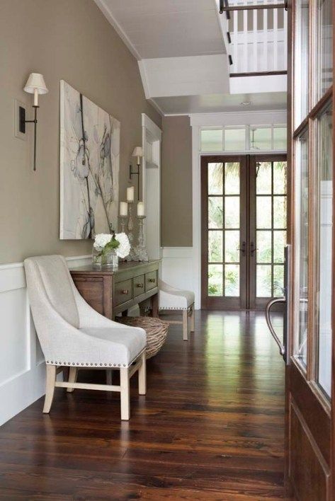 Berkshire Beige Benjamin Moore Grey Wood Floors Bedroom, Small Foyer Ideas, Foyer Paint Colors, Foyer Paint, Living Room Wood Floor, White Wood Floors, Grey Wood Floors, Perfect Paint Color, Dark Wood Floors