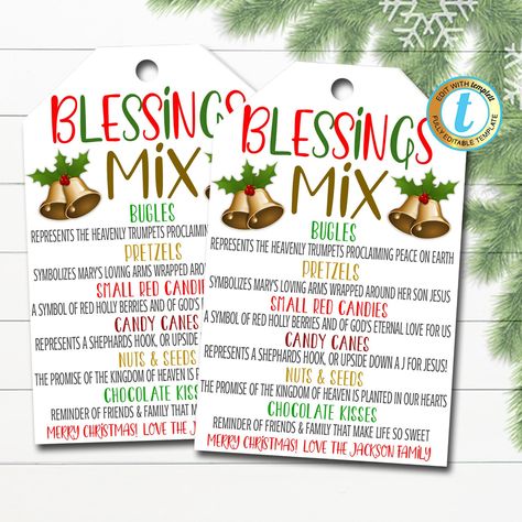 Blessings Mix Gift Tag, Christmas Treat Tags, Grateful Holiday, Employee Staff Appreciation Teacher School Pto Pta, DIY Editable Template #EmployeeVolunteer #ChristmasGiftTag #HolidayAppreciation #HospitalNurseGift #ForTheSeasonGift #CatholicReligious #HolidayBlessingMix #ClientCustomer #GratefulForYou #JesusIsTheReason https://tidylady.net Blessing Bags For Nursing Home Residents, Christmas Story Snack Mix Printable, Blessing Mix Free Printable, Christmas Staff Gift Ideas, Ladies Christmas Party Ideas Church, Christmas Treat Ideas For Gifts, Teacher Christmas Gift Ideas Inexpensive, Lds Christmas Gifts, Christian Gifts Diy