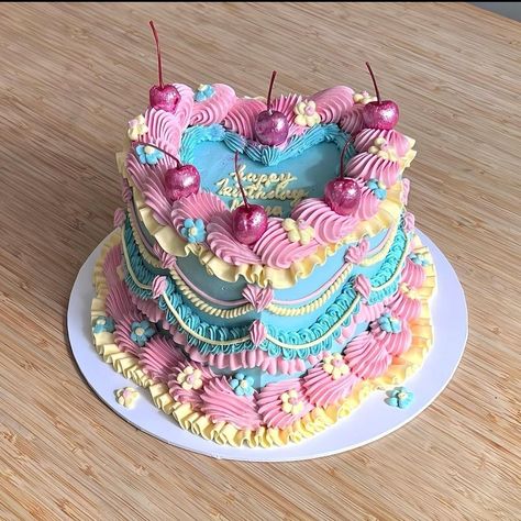 Maximalist Cake Aesthetic, Maximalist Cake, Pink And Yellow Cake, Bright Birthday Cakes, Cake Boxes Diy, 22nd Birthday Cakes, 25th Birthday Cakes, Vintage Birthday Cakes, Vintage Cakes