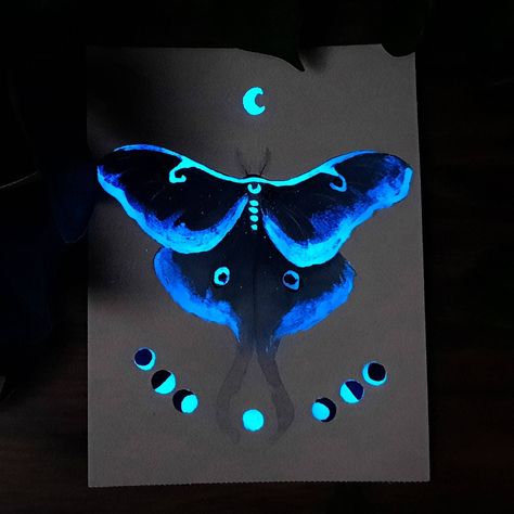 Glow-in-the-Dark PaintingsThree Leaves on Etsy - art,animals,moth,painting,etsy Glow In Dark Paint, Moth Painting, Dark Paintings, Art Assignments, Glowing Art, Summer Painting, Gouache Art, Canvas Painting Designs, Art Animals