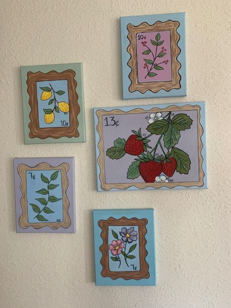 Simple Tiny Canvas Paintings, Painting Ideas Strawberry, Dorm Crafts, Creepy Drawing, Strawberry Painting, Wall Paint Ideas, Fun Paintings, Eclectic Paintings, Pop Wall Art