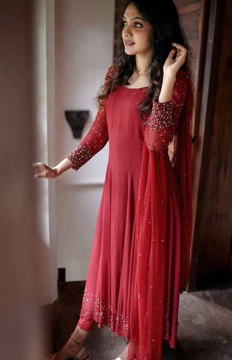 Shop online Designer Anarkali -mail us for more details Long Chudidar Designs, Marriage Guest Outfit Indian, Red Anarkali Suits Designer, Kurtha Models Latest, Red Churidar Designs, Party Wear Churidar Designs, Designer Anarkali Dresses Party Wear, Dress Design Wedding, Party Wear Salwar Suits