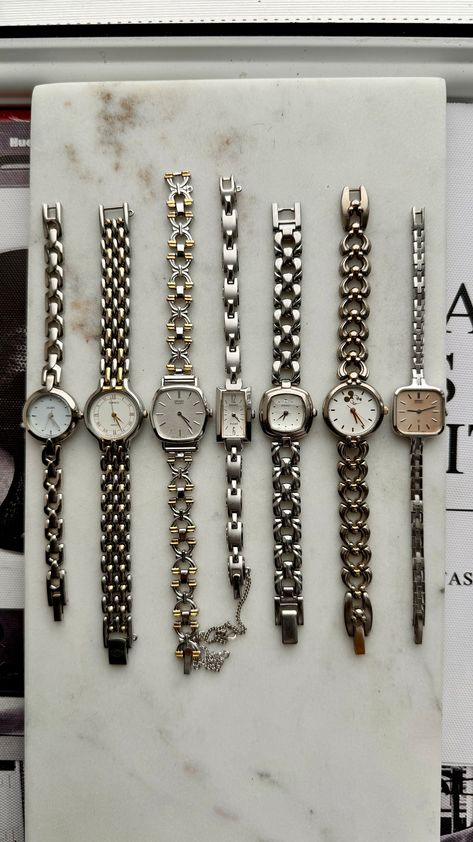 Super rare find collection from Seiko *  These vintage watches for ladies exude charm and sophistication, with a delicate bracelet design that seamlessly merges fashion and function. These timepieces showcase dainty proportions, making them perfect for petite wrists, while their fashionable aesthetic adds a touch of elegance to any ensemble. * Sold as-is. These are vintage watches - no warranty. * Due to the nature of vintage/pre-owned timepieces there may be signs of wear and cosmetic imperfect Vintage Watches For Women, Vintage Accessories Aesthetic, Aesthetic Watches For Women, Vintage Watch Aesthetic, Luxury Jewelry Aesthetic, Dainty Watches, Watches Aesthetic, Vintage Saat, Aesthetic Watches