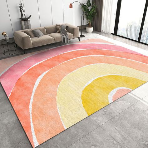 PRICES MAY VARY. 【Size】Area rug size is 4x5ft (120x150cm). With vibrant, detailed patterns achieved through advanced digital printing to effortlessly complement any decor and most contemporary living spaces. 【High-Quality Material】Rug is made of flannel material, the middle of the area rug adds a foam layer, which increases the thickness of it and better insulates the cold floor, while relaxing your feet and bringing comfort. 【Non-Slip Backing】The back of the carpet is with a rubber backing. Non Nordic Watercolor, Rugs Pink, Playroom Nursery, Pink Orange Yellow, Entryway Hallway, Watercolor Rainbow, Yellow Stripes, Washable Rugs, Orange Yellow