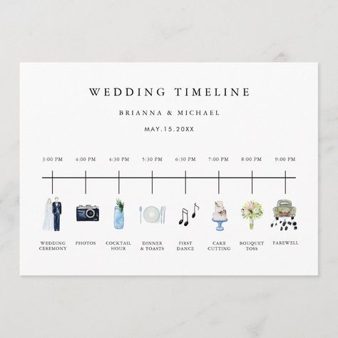 Illustrated watercolor icon wedding timeline program. This card features bride & groom, rings, camera, cocktail glass, plate setting, music notes, cake, bouquet, and retro car. For more advanced customization of this design, please click the "Customize further" link. Small Wedding Planner, Wedding Planner Checklist, Cake Bouquet, Program Wedding, Free Wedding Planner, Wedding Gifts For Bride And Groom, Wedding Day Timeline, Wedding Timeline, Wedding Planning Checklist