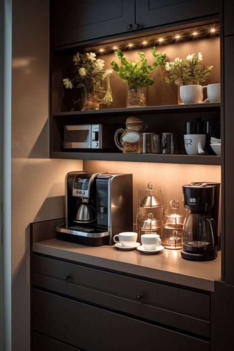 Coffee Bar Ideas Luxury, Small Coffee Bar Ideas Kitchen, Coffee Bar Home Modern, Black Coffee Bar Ideas, Kitchen With Coffee Station, Coffee Corner Modern, Coffe Corners Design, Coffee Corner Ideas Modern, Coffee Cabinet Station