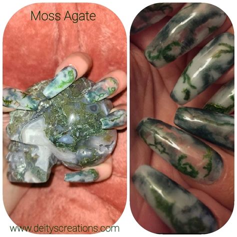 Luxury press on nails Crystal collection moss Agate. Fake nails reusable nails Moss Agate Nail Art, Moss Acrylic Nails, Moss Agate Nails, Agate Nails, Moss Nails, Strawberry Nail, Custom Nails, Mens Nails, Luxury Press On Nails