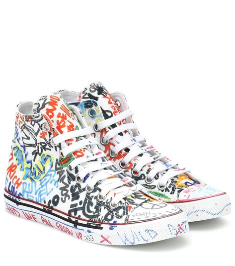 Vetements - Graffiti high-top canvas sneakers | Mytheresa Mens Short Boots, Graffiti Shoes, Playful Branding, White Graffiti, Double Monk Strap Shoes, Custom Sneakers Diy, Valentino Garavani Sneakers, Monk Strap Shoes, Moccasins Mens