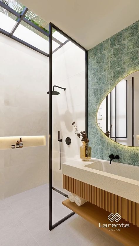 Indulge in ultimate luxury with a skylight in your bathroom, flooding the space with natural light and providing the sensation of showering… | Instagram Open To Sky Bathroom Natural Light, Bathroom With Sky Light, Natural Light Shower Ideas, Skylight Bathroom Ideas, Sky Light Bathroom, Skylight In Bathroom, Bathroom Interior Design Luxury Modern, Bathroom With Skylight, Bathroom Skylight