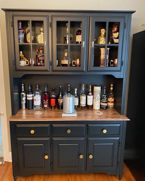 Irina 😊 Montville NJ 07082 on Instagram: “This hutch a made it for myself! My husband is very good at making delicious cocktails 🍹 🍸 and we need to store all the ingredients…” Welsh Dresser Bar Ideas, China Cabinet Liquor Cabinet, Welsh Dresser Bar, Liquor Cabinet Display, Bar Dresser Ideas, China Hutch Bar, Hutch Into Bar Liquor Cabinet, China Cabinet Into Bar, Hutch Repurpose Ideas