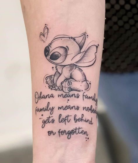 Ohana Tattoos, Simple Tattoo With Meaning, Disney Stitch Tattoo, Lilo And Stitch Tattoo, Ohana Tattoo, Simple Tattoos For Women, Stitch Tattoo, Inspiration Tattoos, Cute Tattoos For Women