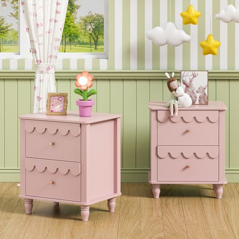 Details:   Add a touch of elegance and practicality to your bedroom or living room with this 2 Drawer End Side Table Bedside. With Cloud-Inspired Design, these nightstands provide ample storage space with their two closed drawers. Toddler Side Table, Bedside Table Vanity, Scalloped Bedside Table, Marceline Room, Kid Nightstand, Toddler Nightstand, Scallop Furniture, Cute Bedside Tables, Side Table For Nursery