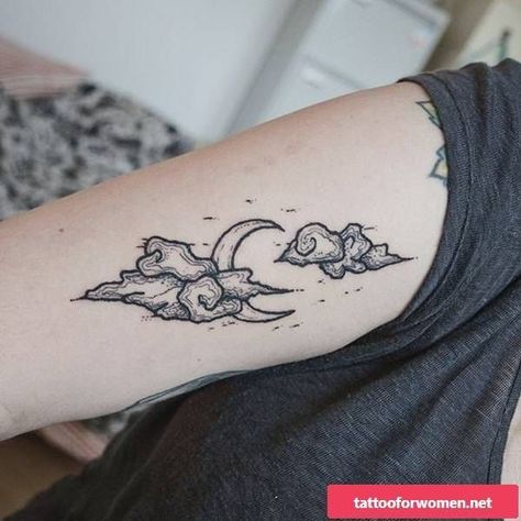 Crescent moon & clouds tattoo Tattoo Ideas Cartoon, Cloud Tattoo Ideas, Cloud Tattoo Design, Orca Tattoo, Hamsa Tattoo, Party Tattoos, Tattoo Trend, Forearm Tattoo Design, Muster Tattoos