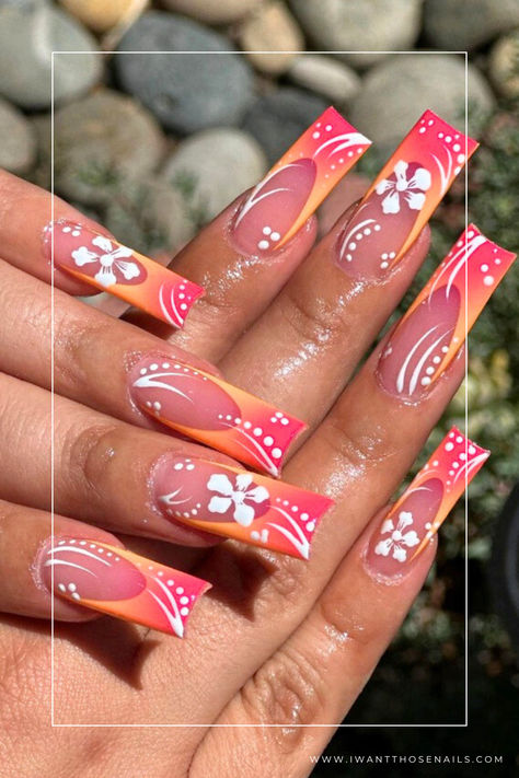 sunset hibiscus flower nails Sunset Nails, Tropical Nails, Girly Acrylic Nails, Colored Acrylic Nails, Summery Nails, Her Nails, Short Square Acrylic Nails, Unique Acrylic Nails, Nagel Inspo