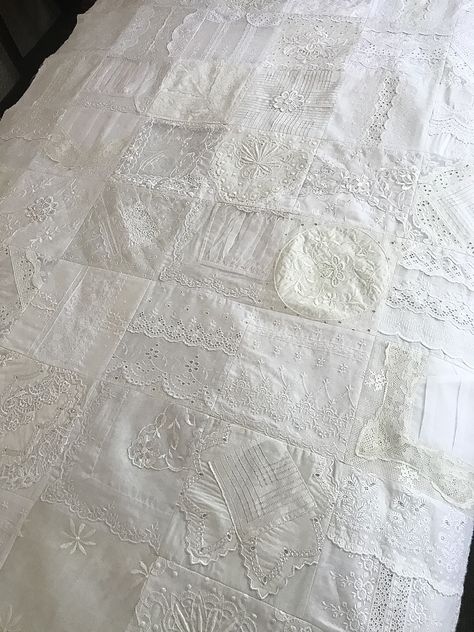 White On White Quilt Ideas, Heirloom Quilt Patterns, Doily Quilt, Shabby Chic Quilt Patterns, White Patchwork Quilt, Wedding Dress Quilt, Lace Quilt, Wedding Dress Keepsake, Low Volume Quilt