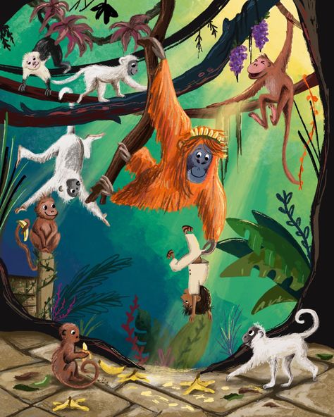 Jungle Monkey Illustration, Monkey Jungle Illustration, The Jungle Book Illustration, Jungle Animals Illustration, Jungle Drawing, Jungle Tattoo, Book Illustration Layout, Children's Book Characters, Monkey Illustration