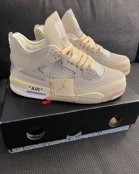 Air Jordan 4 x Off-White Beige Air Jordans 1 Mid, Jordan 4 Off White, Jordan 4’s, Jordan Retro 4, Sneakers Jordans, White Jordans, Jordan 4s, Black Jordans, Jordan 11 Retro Low