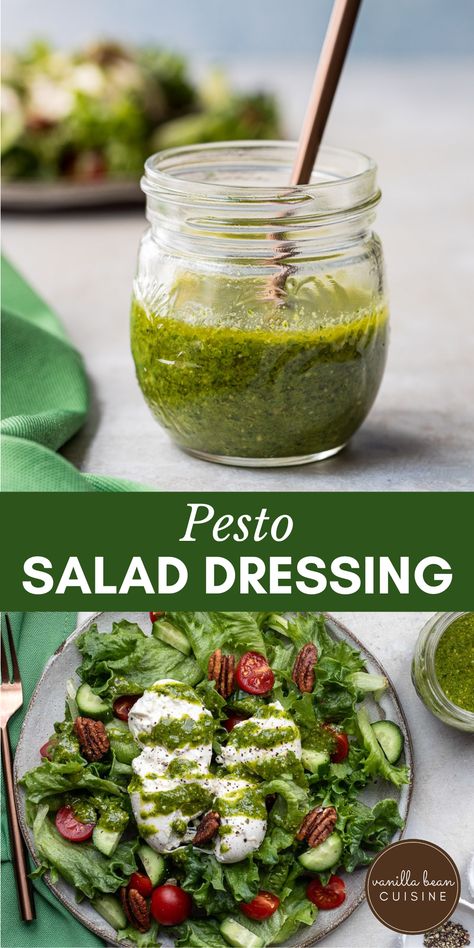 Make your summer salads come alive with this Pesto Salad Dressing. Only 3 ingredients! Basil Pesto Salad Dressing, Pesto Balsamic Dressing, Pesto Dressing Salad, Basil Pesto Salad, Salad With Pesto Dressing, Pesto Salad Dressing, Basil Salad Dressing, Dressings Recipes, Pesto Vinaigrette