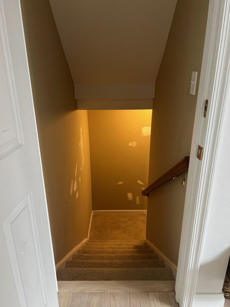 Basement Stairway Makeover - Stair Installation - Cass Makes Home Basement Stairwell Chandelier, Upgrade Basement Stairs, Cellar Stairs Ideas Basements, Black Basement Stairwell, Decorating Basement Stairwell, Basement Landing Decor, Narrow Basement Stairs, Enclosed Basement Stairs, Updating Basement Stairs