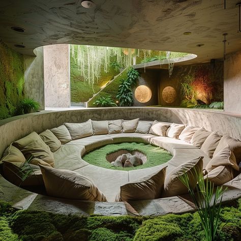 The Moss Meadow Conversation Pit is a serene, cozy space inspired by the tranquility of a lush meadow. Featuring moss-green upholstery, natural wood accents, and earthy tones, it offers a comfortable and immersive retreat for intimate conversations and relaxation. Conceptual AI Art Follow @ecosapiens for more! Green Conversation Pit, Outside Conversation Pit, Conversation Pit Outdoor, Sunken Living Room 70s Conversation Pit, Earthy Home Interior, Eco Living Room, Outdoor Conversation Pit, Couch Pit, Green Space Design