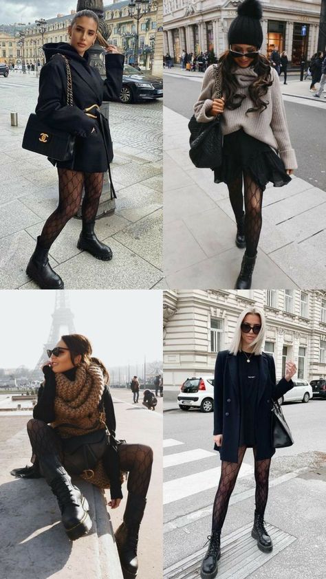 How To Wear Gucci Tights, Outfits With Gucci Tights, Fall Outfits With Black Tights, Black Boots With Tights, Tights With Boots Outfit, Fashion Tights Outfits, Tights Work Outfit, Gucci Leggings Outfit, Paris Outfits May