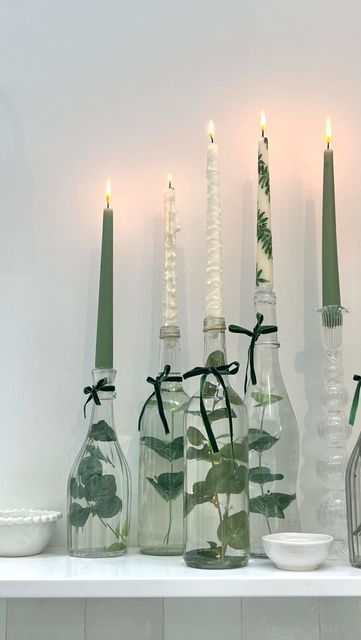 Long Candles Decoration, Candle Bottle Ideas, Taper Candle Display, How To Make A Candle Holder, Summer Party Table Decor, Cheap Table Decorations Wedding, Diy Candle Holders Christmas, Taper Candle Holders Diy, Wedding Diy Decorations Cheap