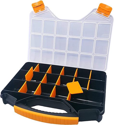 Massca Hardware Organizer box with dividers - 18 Compartments Small Parts Organizer with Accessible Hinged Lid - Durable Plastic Screw Organizer Store Nuts, Bolts, Screws, Nails, and Small Hardware - - Amazon.com Parts Organizer, Hardware Organizer, Small Parts Organizer, Hardware Storage, Tool Cart, Pocket Hole Jig, Tool Organizers, Plastic Organizer, Pocket Hole