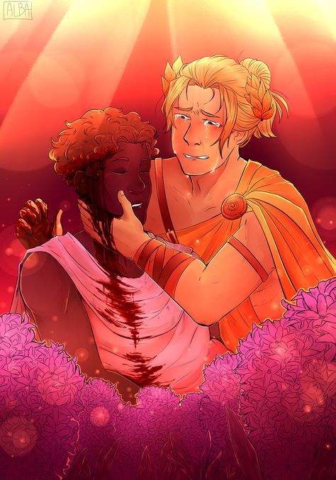 Apollo and Hyacinth by albapetitcon Apollo And Hyacinth, Greek Mythology Family Tree, Hades Greek Mythology, The Song Of Achilles, Greek Memes, Greek Mythology Humor, Achilles And Patroclus, Trials Of Apollo, Best Love Stories