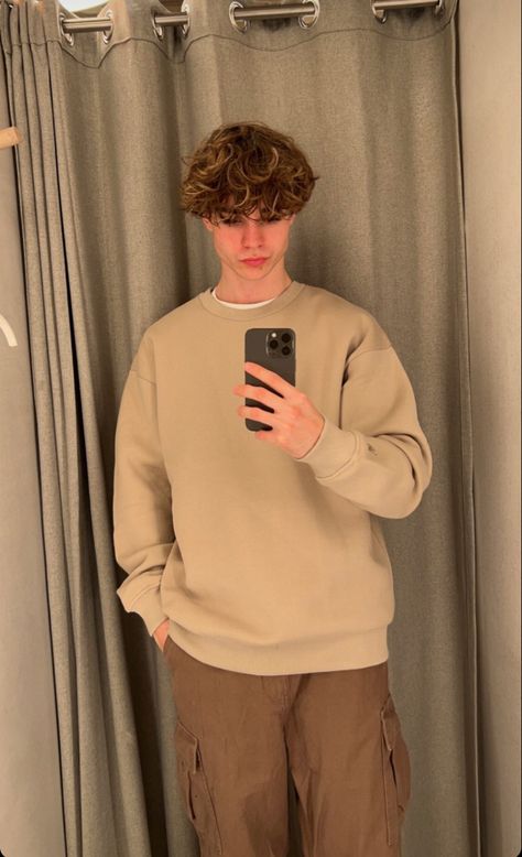 Beige And Brown Outfit Ideas Men, Mens Brown Sweater Outfit, Vanilla Boy Outfits, Beige Sweatshirt Outfit Men, Beige Sweater Outfit Men, Beige Crewneck Outfit, Guy In Sweater, Brown Jeans Outfit Mens, Brown And Tan Outfits