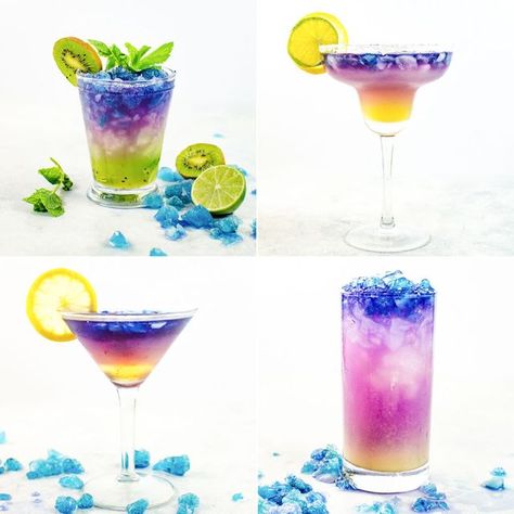 Magical Color Changing Cocktails (Galaxy Cocktails) Magical Cocktails, Lemonade Slushie Recipe, Lemonade Slushies, Best Mixed Drinks, Cocktail Shots, Mojito Cocktail, Colorful Drinks, Festa Harry Potter, Colorful Cocktails