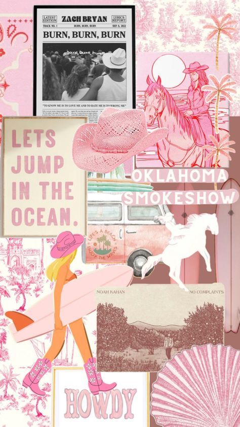 Coastal Collage Wallpaper, Coastal Cowgirl Iphone Wallpaper, Coastal Cowgirl Collage, Cowgirl Mood Board, Pink Coastal Aesthetic, Costal Cowgirl Aesthetic, Pink Coastal Cowgirl, Pink Cowgirl Aesthetic, Cowgirl Collage