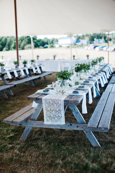 casual Maine seaside wedding | Sarah Morrill Photography | Glamour & Grace Seaside Wedding, Picnic Table Wedding, Pavillion Wedding, Campground Wedding, Pavilion Wedding, Cottage Wedding, Picnic Tables, Picnic Wedding, Camp Wedding